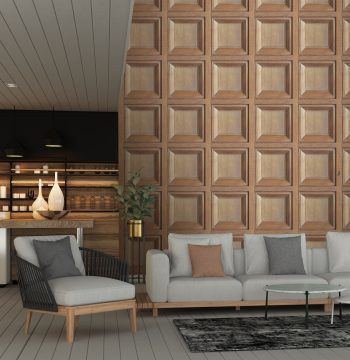 Wood panelling effect fabric backed vinyl wallcovering for commercial interiors, made in the UK.