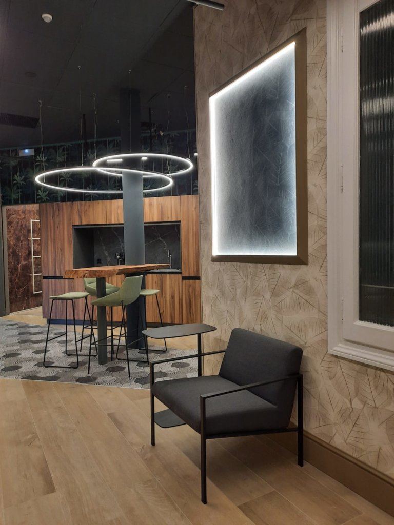 leaves wallcovering at our barcelona showroom, interior design for contract projects