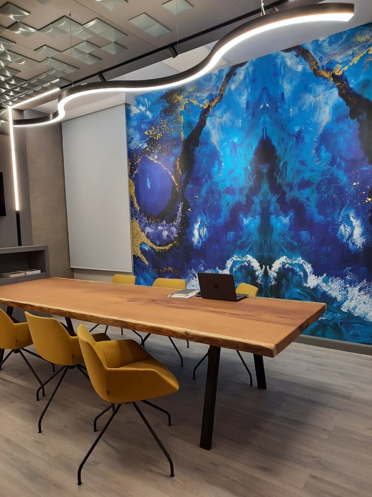 Augustus Kotei wallcovering at our barcelona showroom, interior design for contract projects
