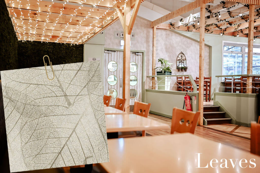 Leaves wallcovering featuring in the fresh new biophilic interiors at Cardwells Garden Centre in Scotland.