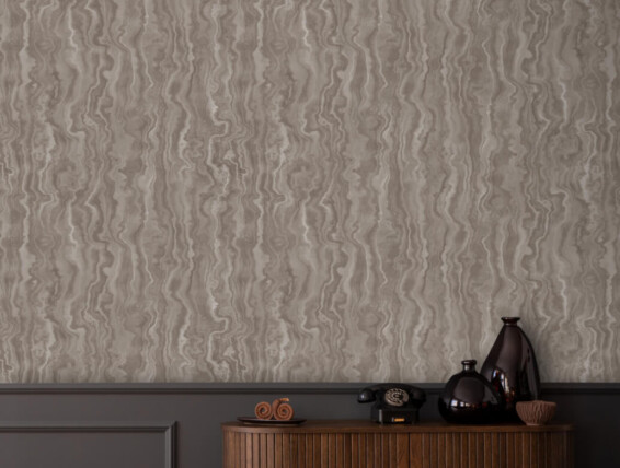 Minimalist composition of living room interior with copy space, dark wall with stucco, wooden sideboard, parquet floor, rug and personal accessories. Home decor. Template. ; Shutterstock ID 2347175283; purchase_order: -; job: -; client: -; other: -