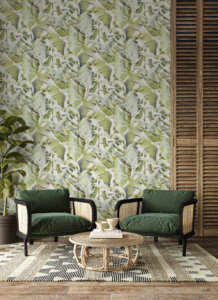 Folia Wallcoverings features expressive, hand-painted banana leaves in bold, trend-led colours.