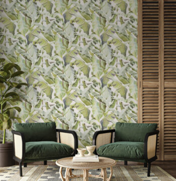 Folia Wallcoverings features expressive, hand-painted banana leaves in bold, trend-led colours.