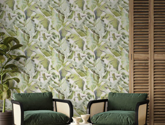 Folia Wallcoverings features expressive, hand-painted banana leaves in bold, trend-led colours.
