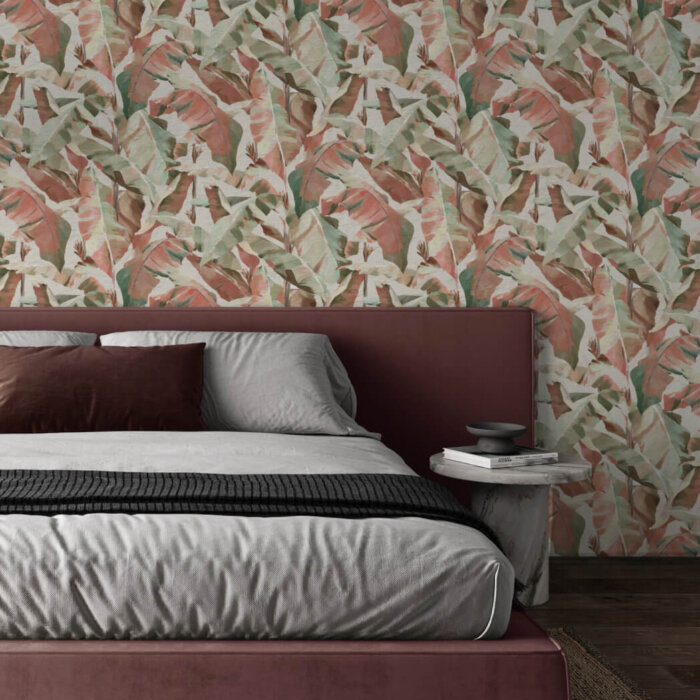 Folia Wallcoverings features expressive, hand-painted banana leaves in bold, trend-led colours.
