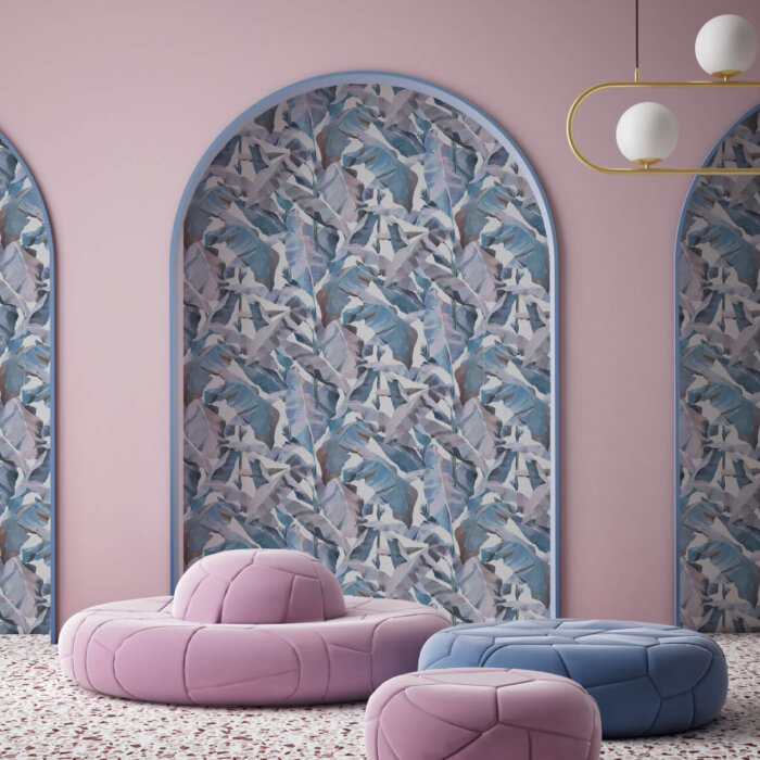 Folia Wallcoverings features expressive, hand-painted banana leaves in bold, trend-led colours.