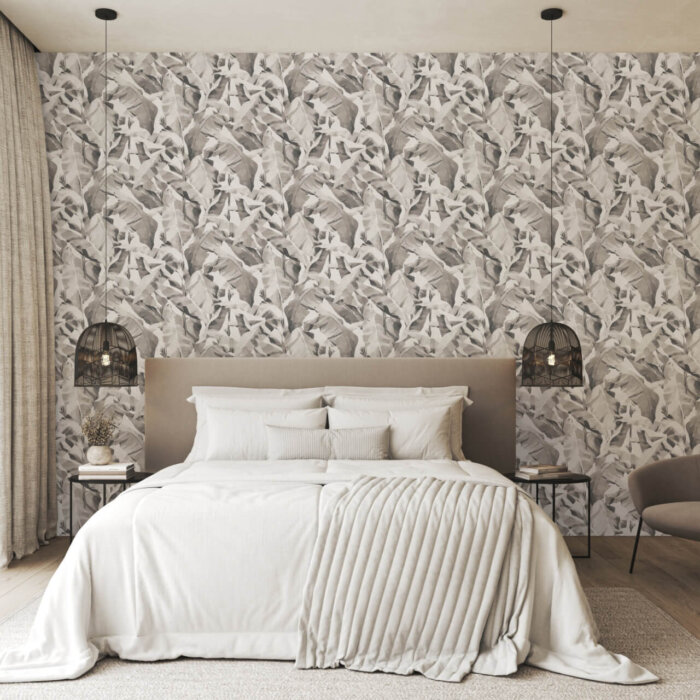 Folia Wallcoverings features expressive, hand-painted banana leaves in bold, trend-led colours.