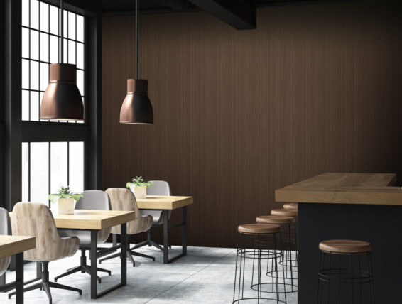 Brick and black loft bar interior with a concrete floor, a bar with stools and wooden tables with chairs. A side view. 3d rendering mock up